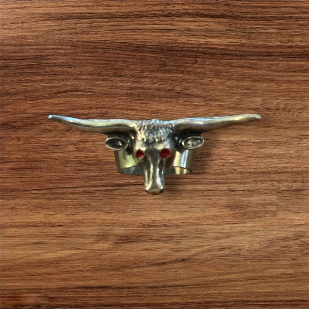 Longhorn Steer Head Scarf Slide Red Eyes Silver Tone Western 1.5”